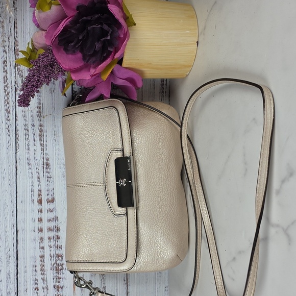 COACH KRISTIN METALLIC CHAMPAGNE SILVER LEATHER FLAP CROSSBODY SMALL BAG PURSE - Picture 3 of 13